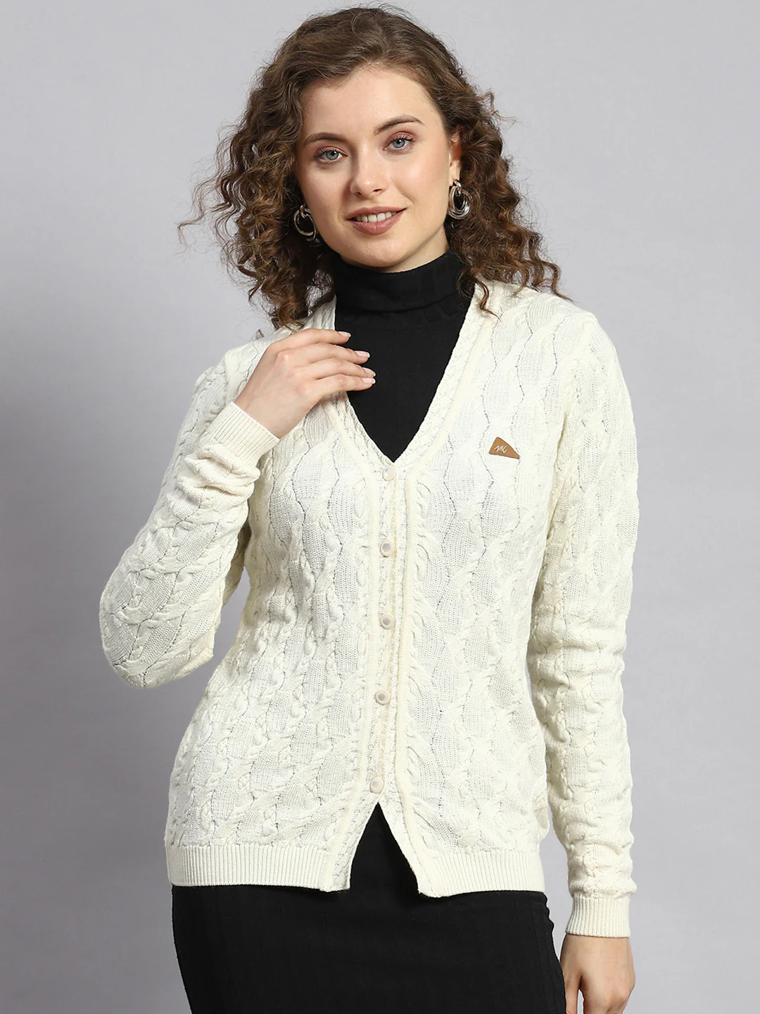 Women Off White Self Cardigan - Image 2