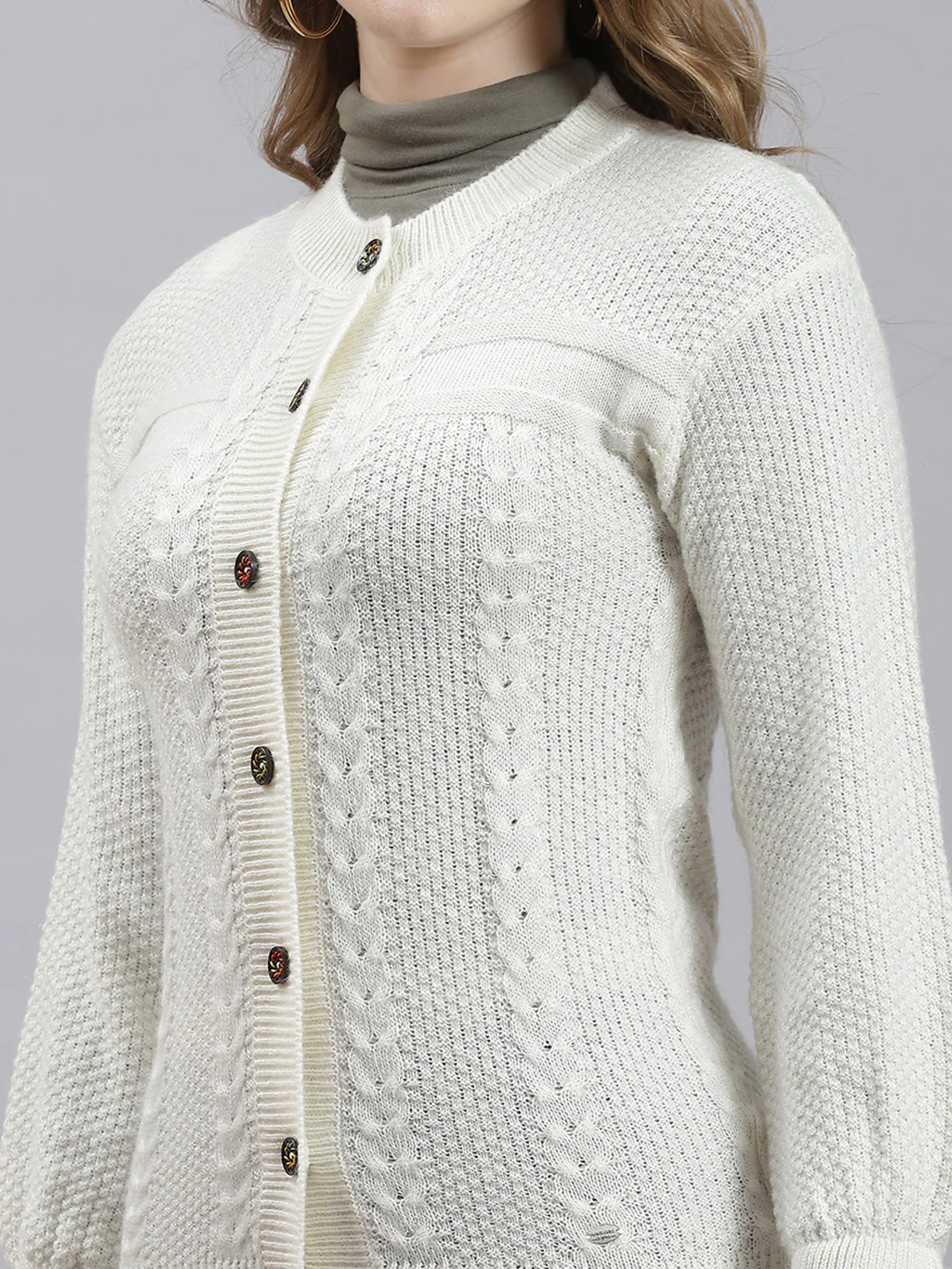 Women Off White Self Cardigan - Image 6