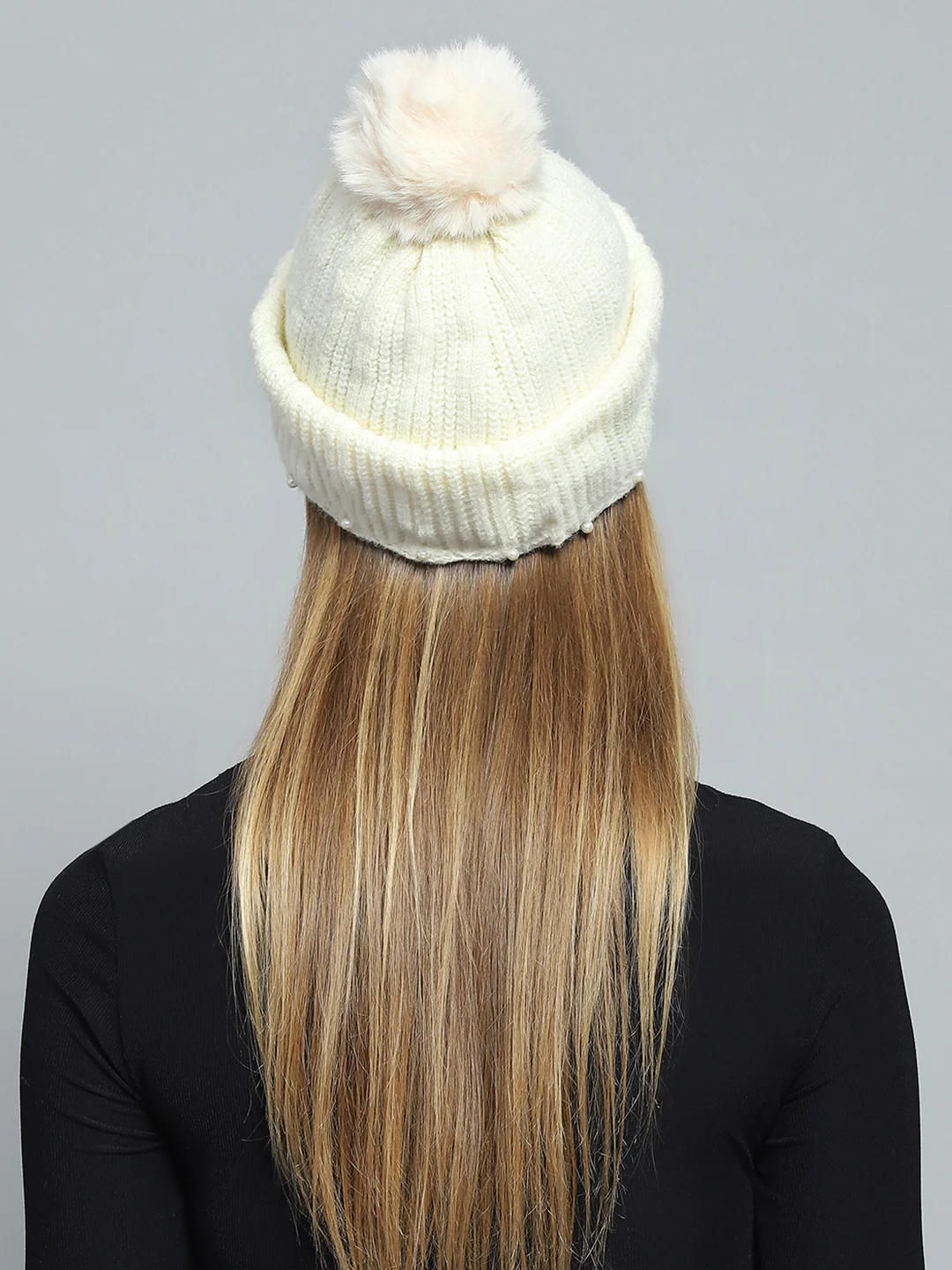 Women Off White Self Design Cap - Image 5