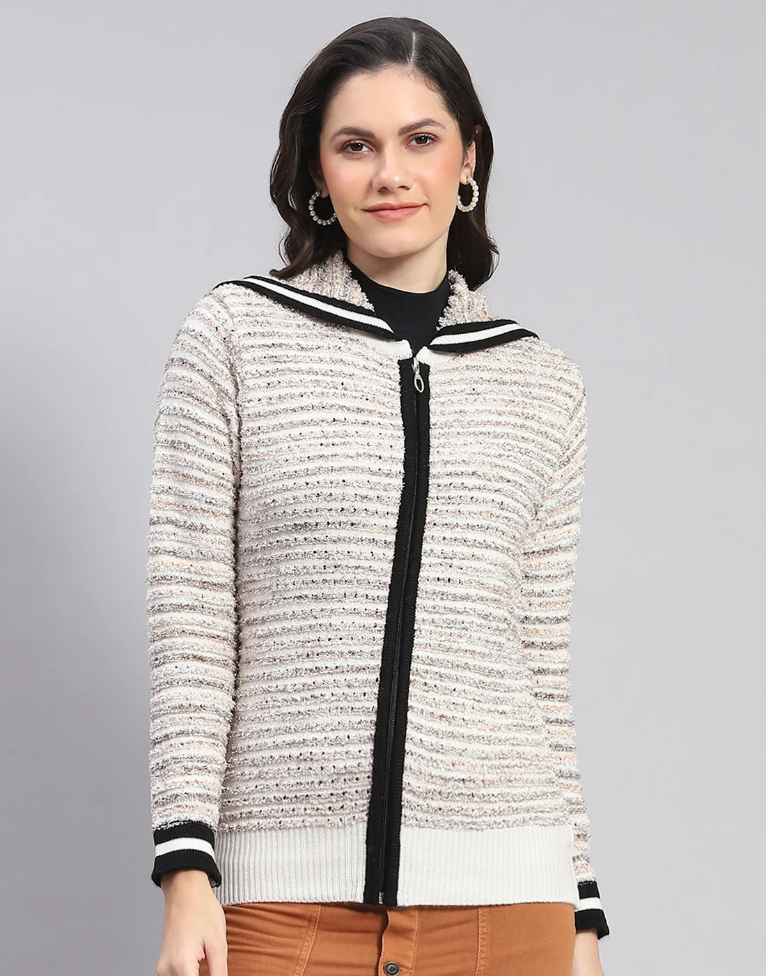 Women Off White Self Design Collar Full Sleeve Cardigan - Image 2