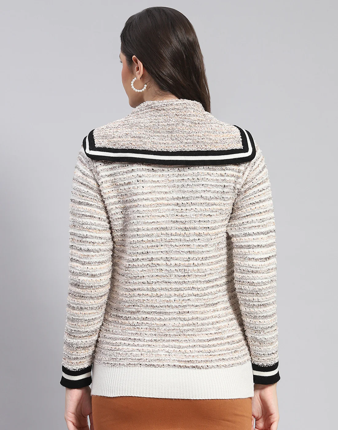 Women Off White Self Design Collar Full Sleeve Cardigan - Image 5