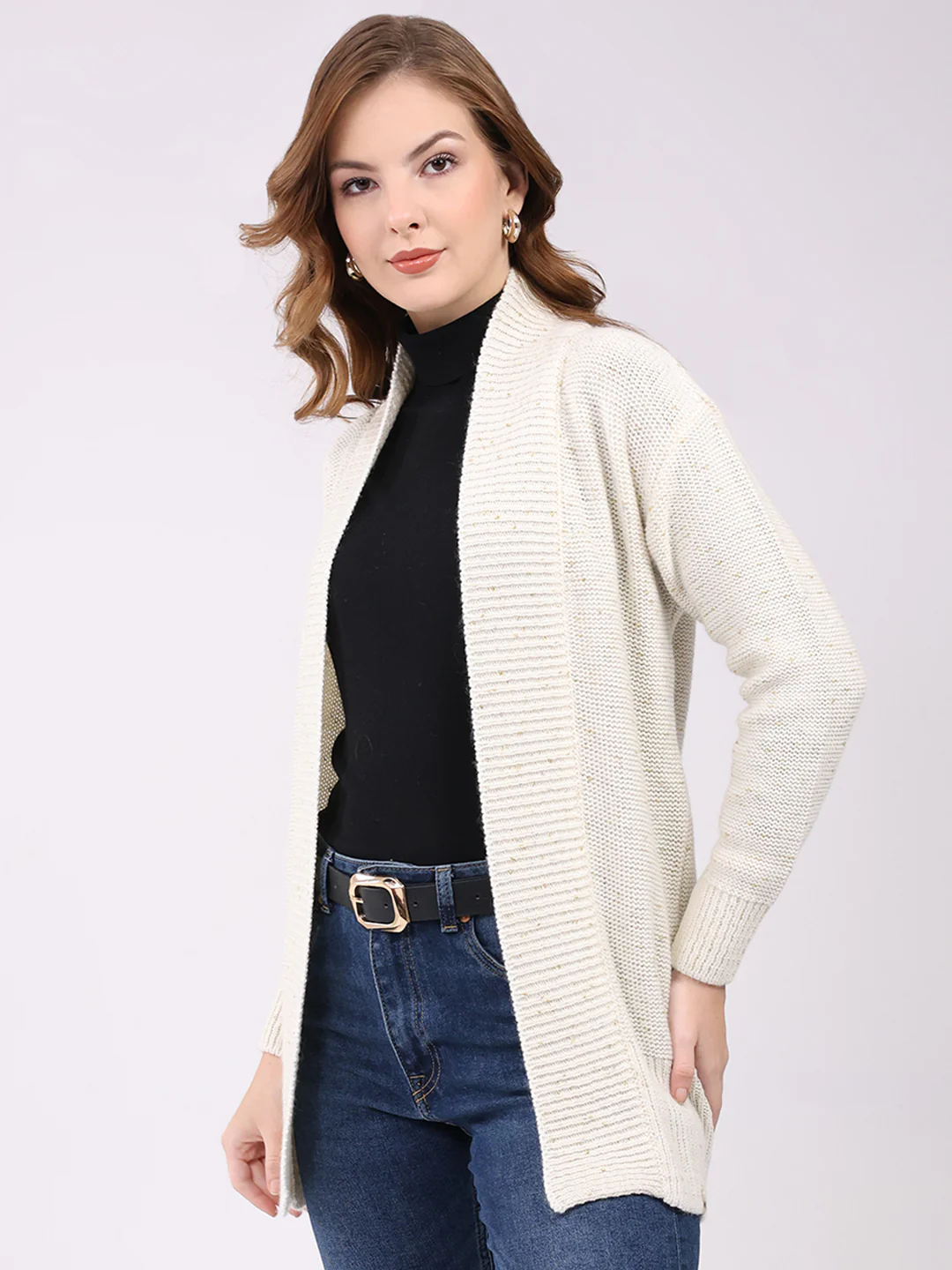 Women Off White Self Design Collar Full Sleeve Cardigan - Image 3