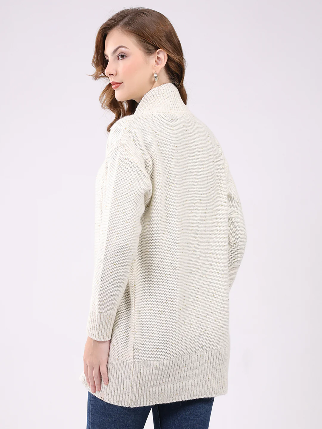 Women Off White Self Design Collar Full Sleeve Cardigan - Image 5