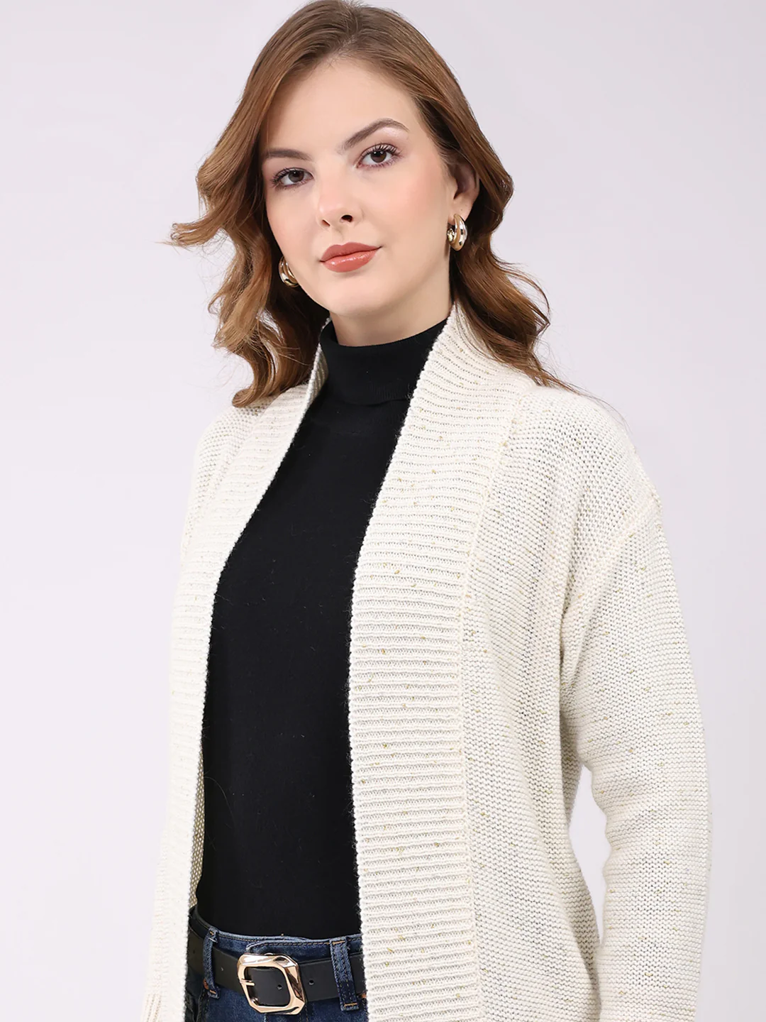 Women Off White Self Design Collar Full Sleeve Cardigan - Image 7
