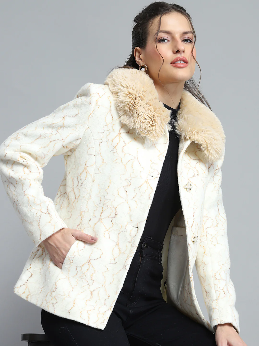 Women Off White Self Design Collar Full Sleeve Coat - Image 6