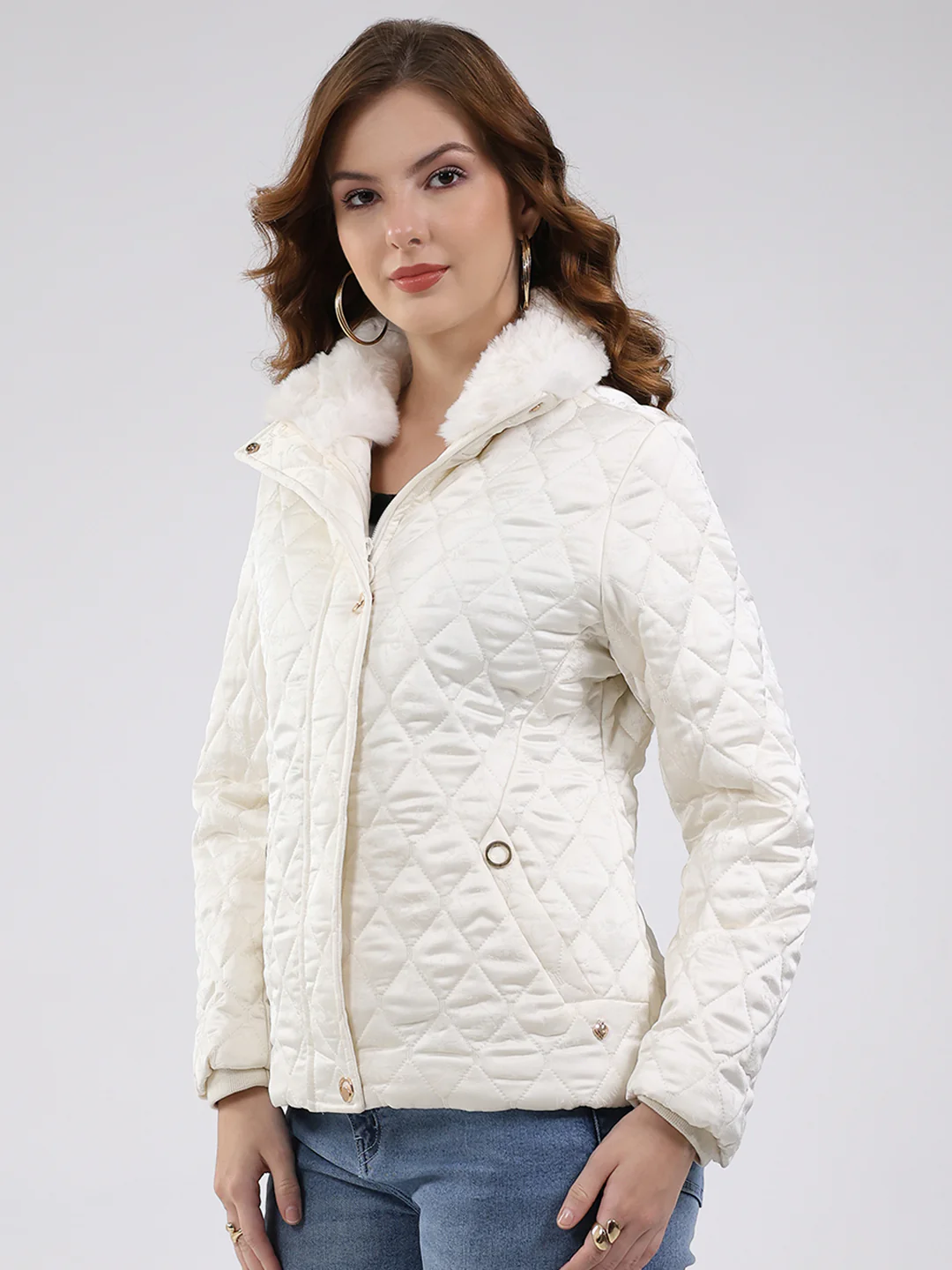 Women Off White Self Design Collar Full Sleeve Jacket - Image 3