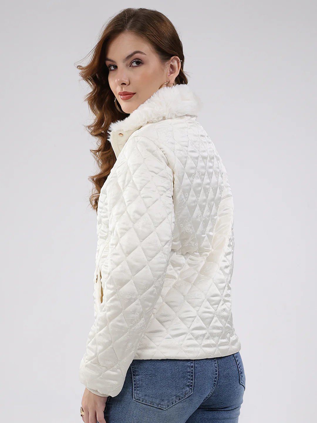 Women Off White Self Design Collar Full Sleeve Jacket - Image 5