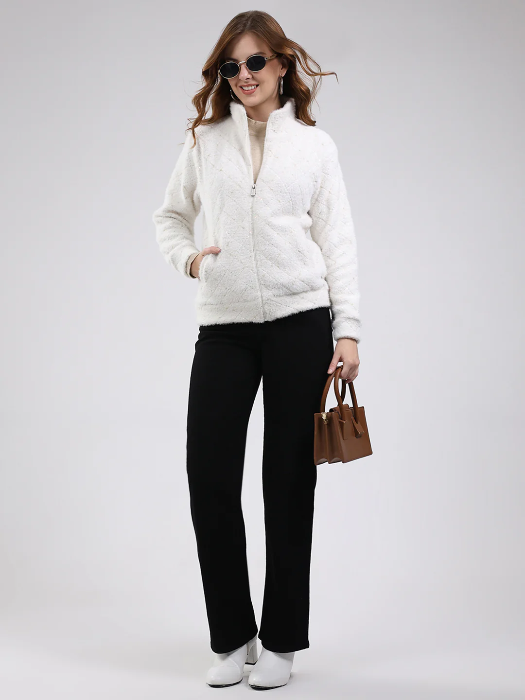 Women Off White Self Design Mock Neck Full Sleeve Sweatshirt - Image 2