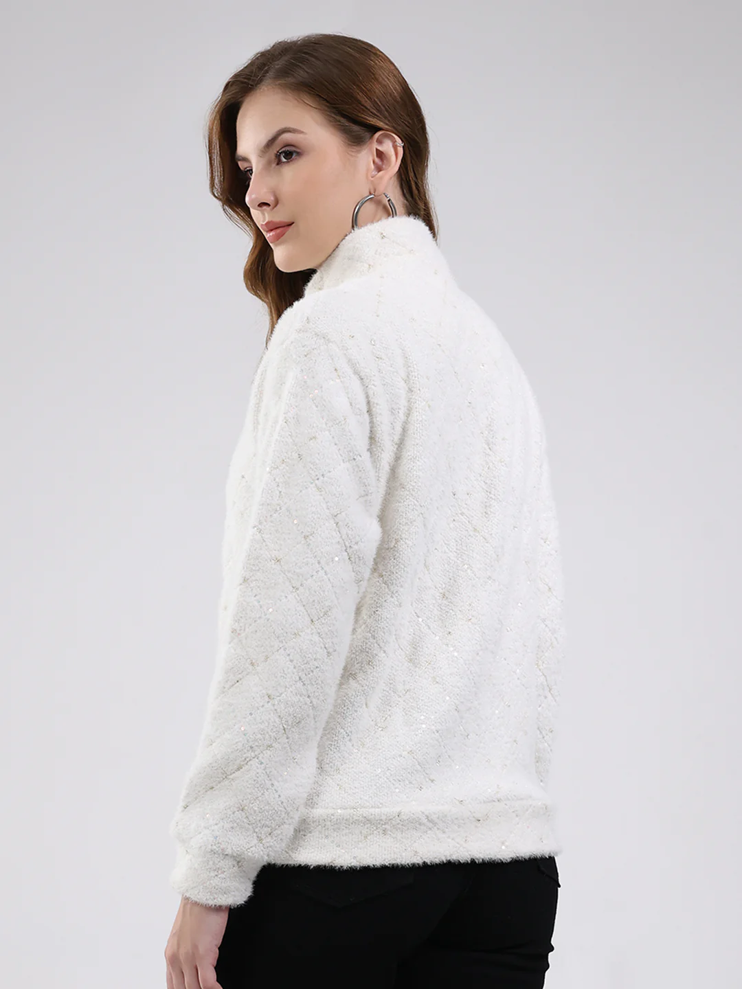 Women Off White Self Design Mock Neck Full Sleeve Sweatshirt - Image 5