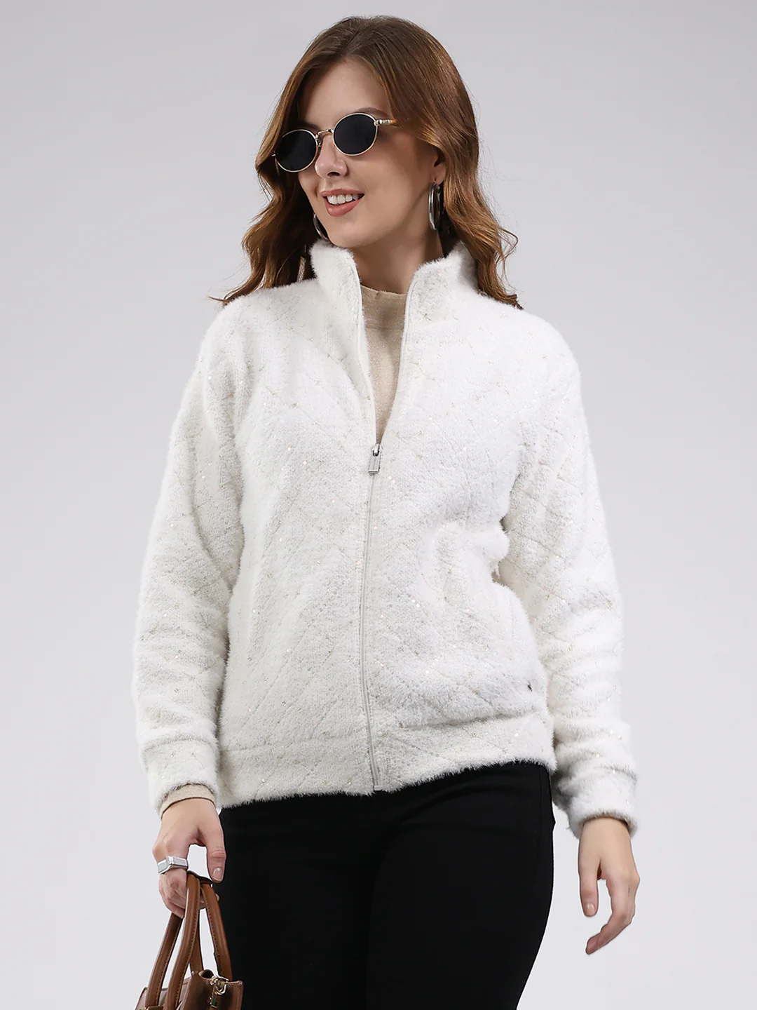 Women Off White Self Design Mock Neck Full Sleeve Sweatshirt - Image 6
