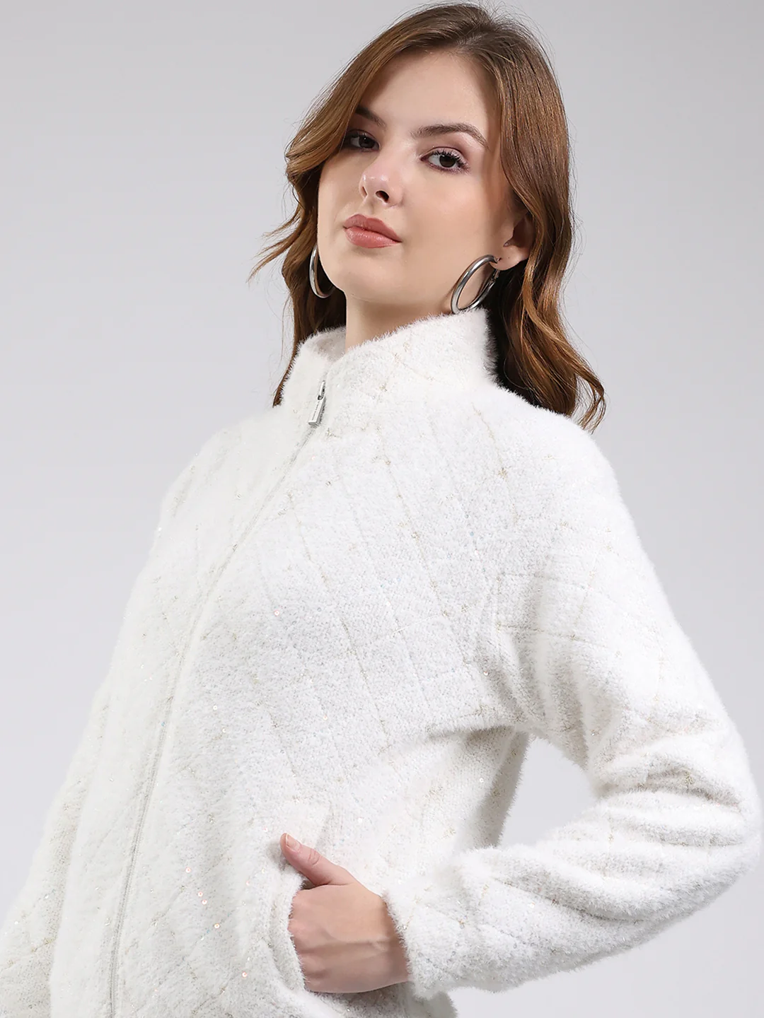 Women Off White Self Design Mock Neck Full Sleeve Sweatshirt - Image 7
