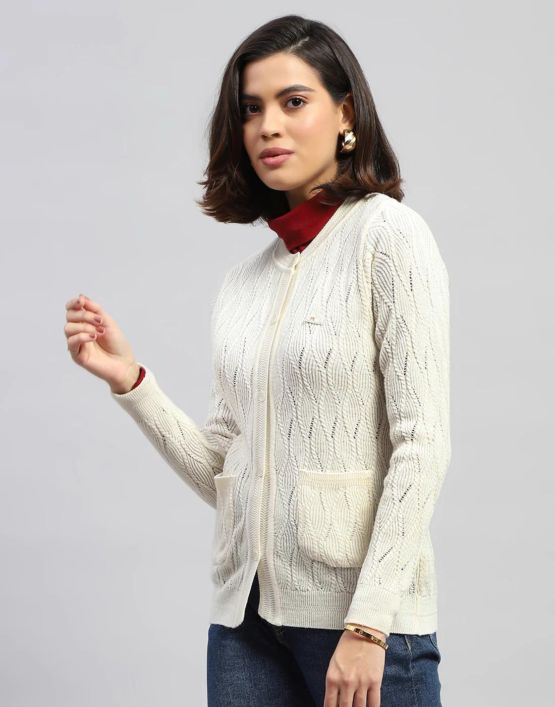 Women Off White Self Design Round Neck Full Sleeve Cardigan - Image 4