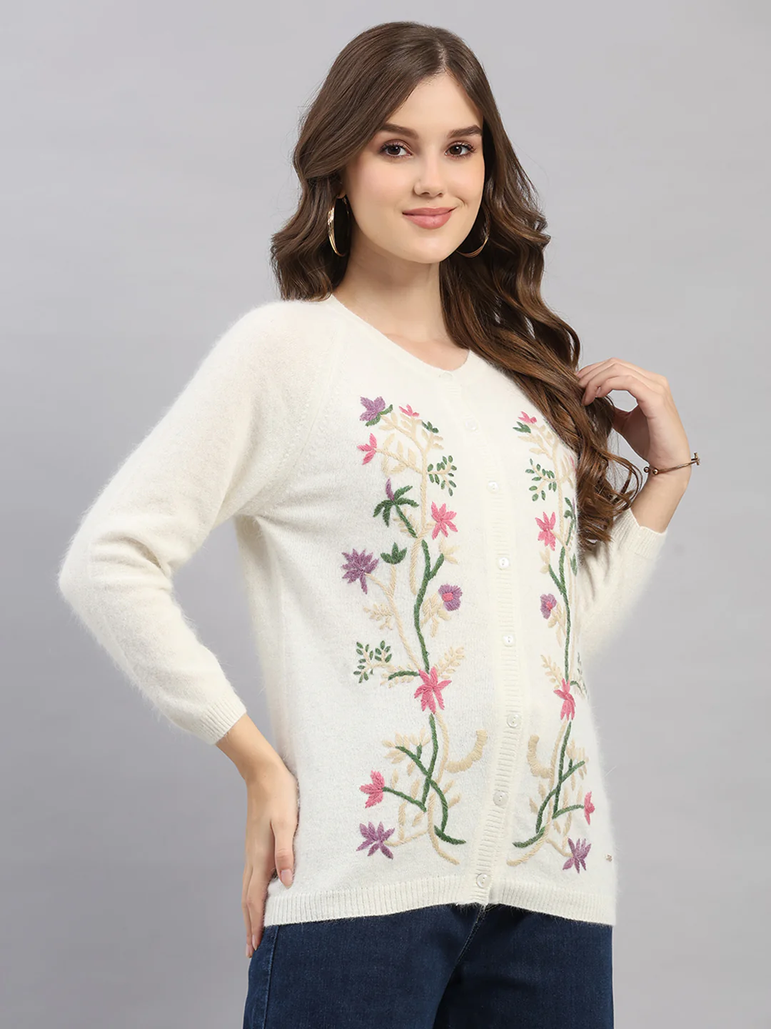 Women Off White Self Design Round Neck Full Sleeve Cardigan - Image 4