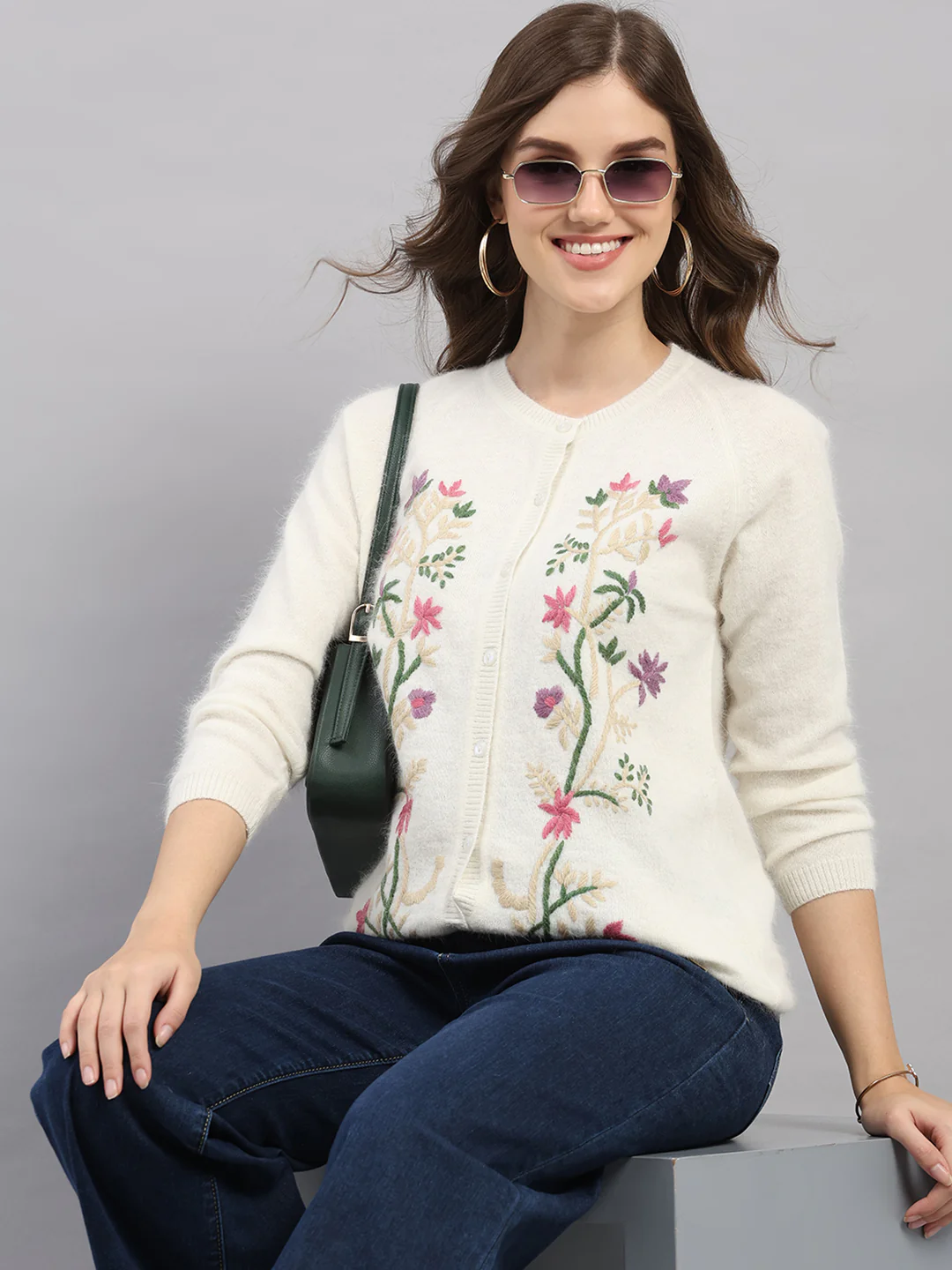 Women Off White Self Design Round Neck Full Sleeve Cardigan - Image 6