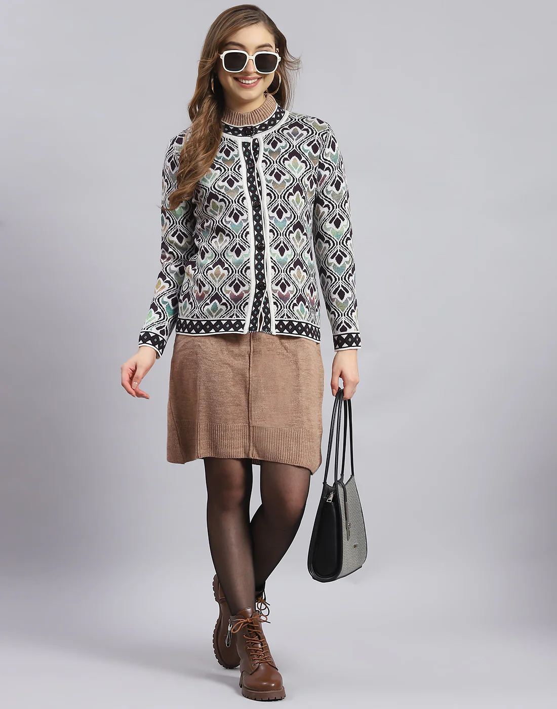 Women Off White Self Design Round Neck Full Sleeve Sweater - Image 2