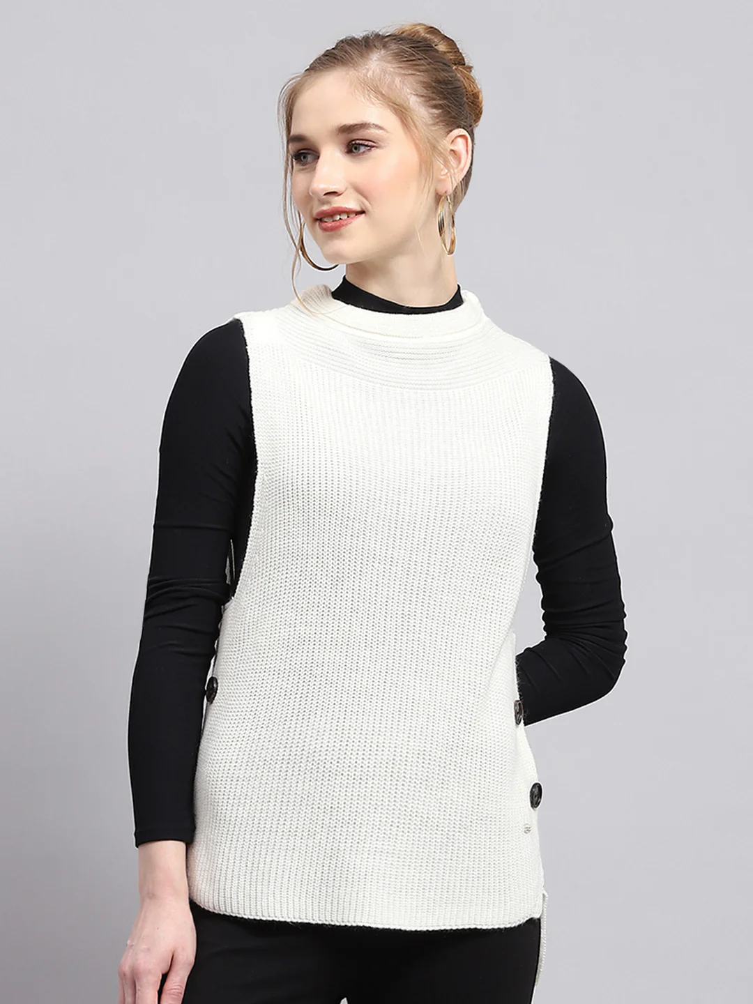 Women Off White Self Design Round Neck Sleeveless Winter Tops - Image 3