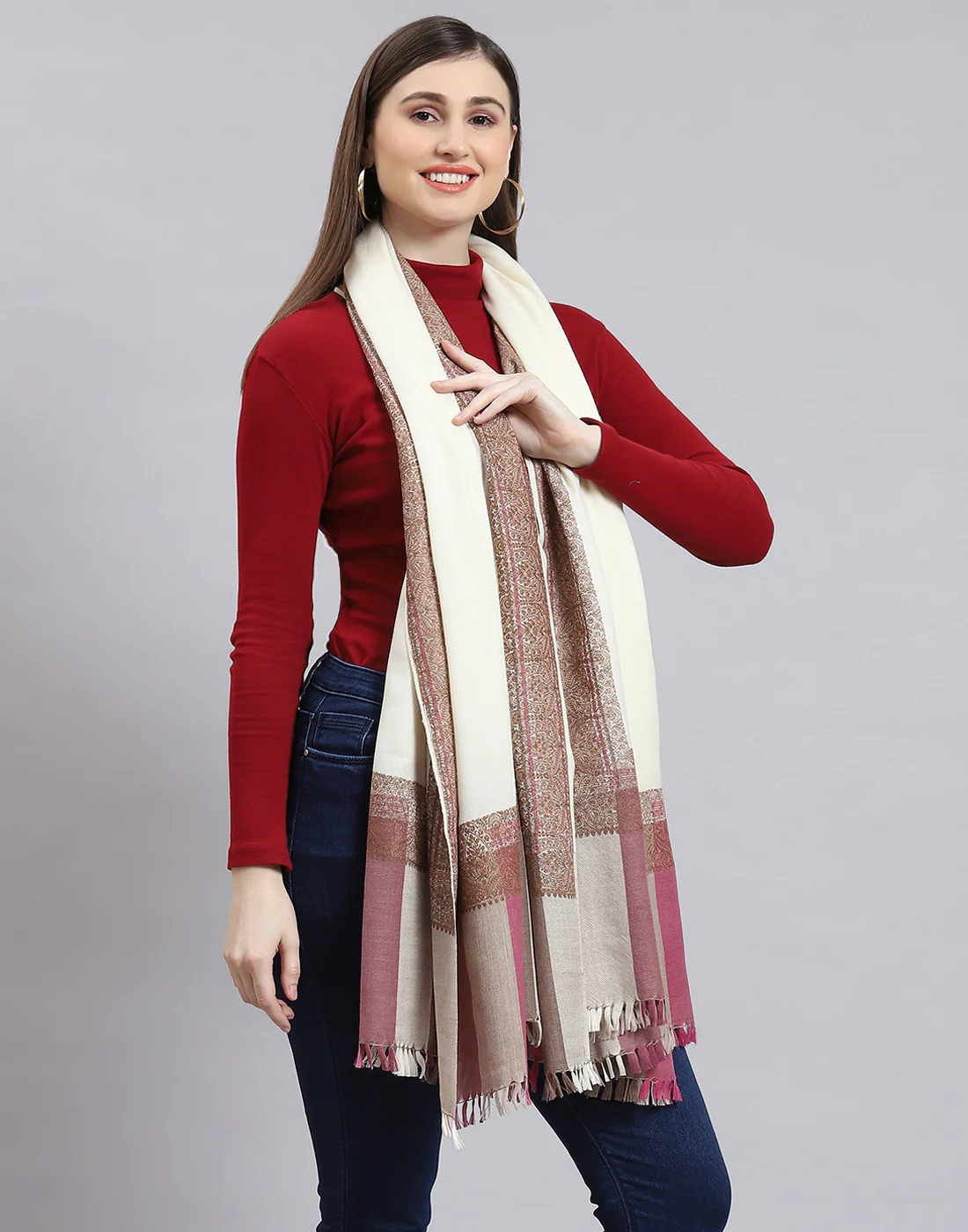 Women Off White Self Design Shawl - Image 4