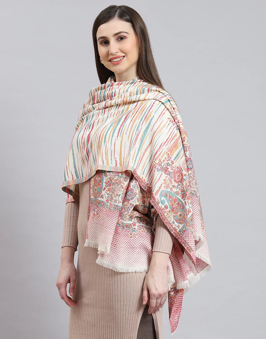 Women Off White Self Design Shawl - Image 3