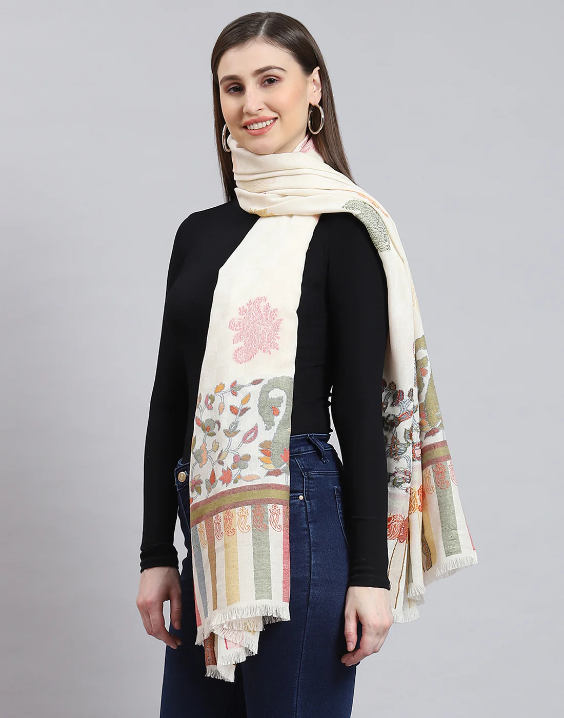 Women Off White Self Design Shawl - Image 3