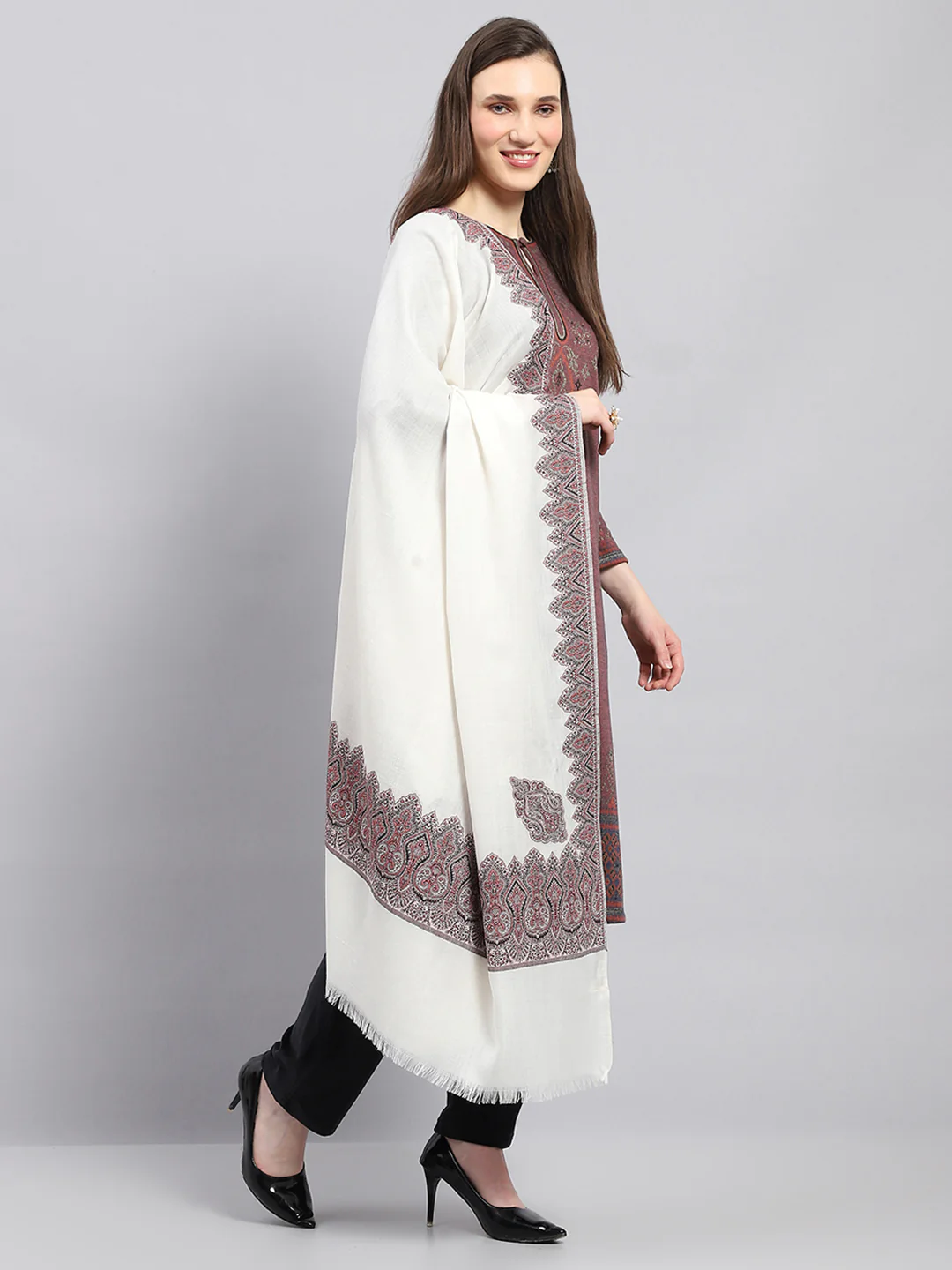 Women Off White Self Design Shawl - Image 4