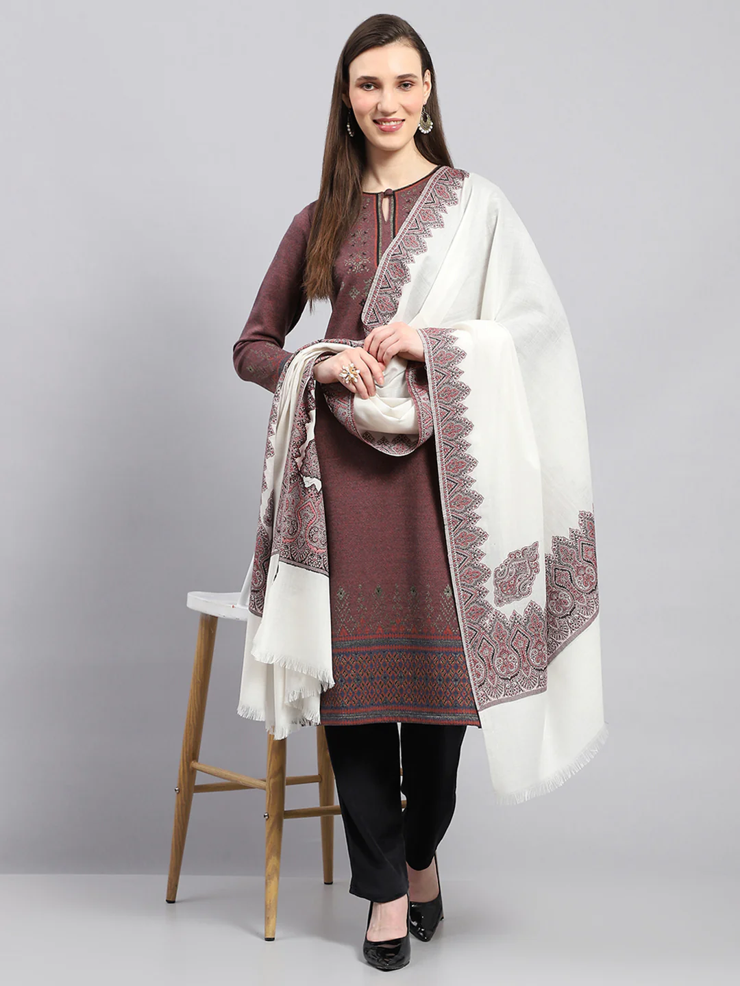 Women Off White Self Design Shawl - Image 5