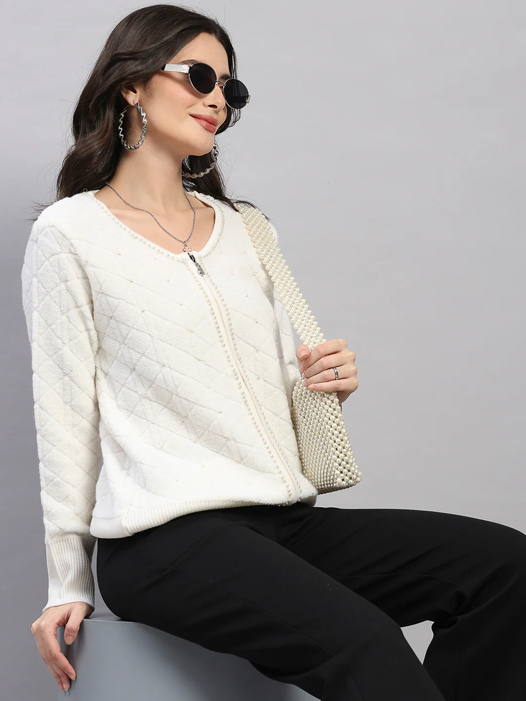 Women Off White Self Design Turtle Neck Full Sleeve Cardigan - Image 6