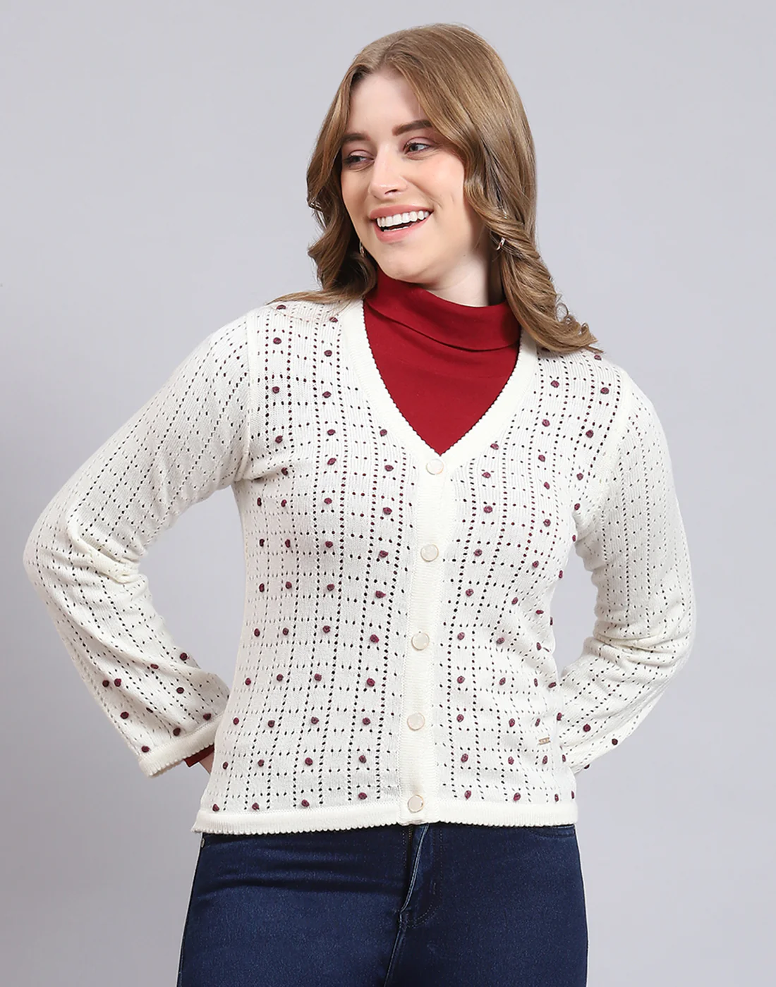 Women Off White Self Design V Neck Full Sleeve Cardigan - Image 2