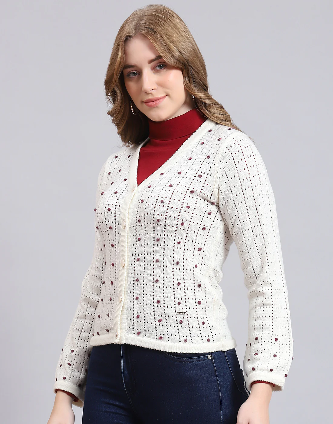Women Off White Self Design V Neck Full Sleeve Cardigan - Image 3