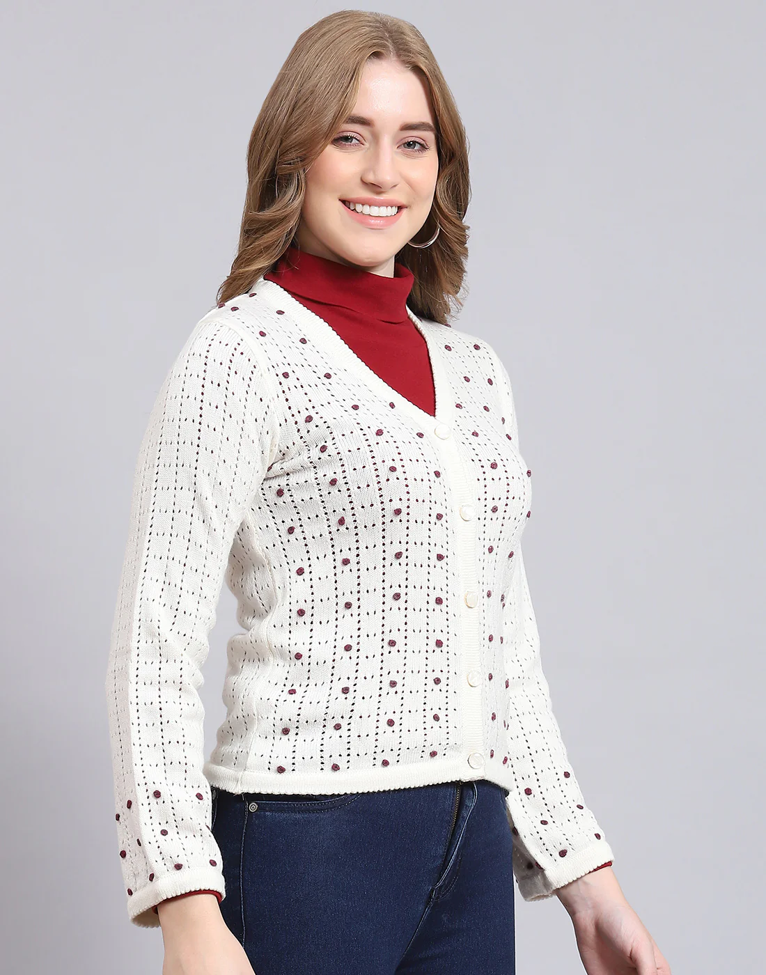 Women Off White Self Design V Neck Full Sleeve Cardigan - Image 4