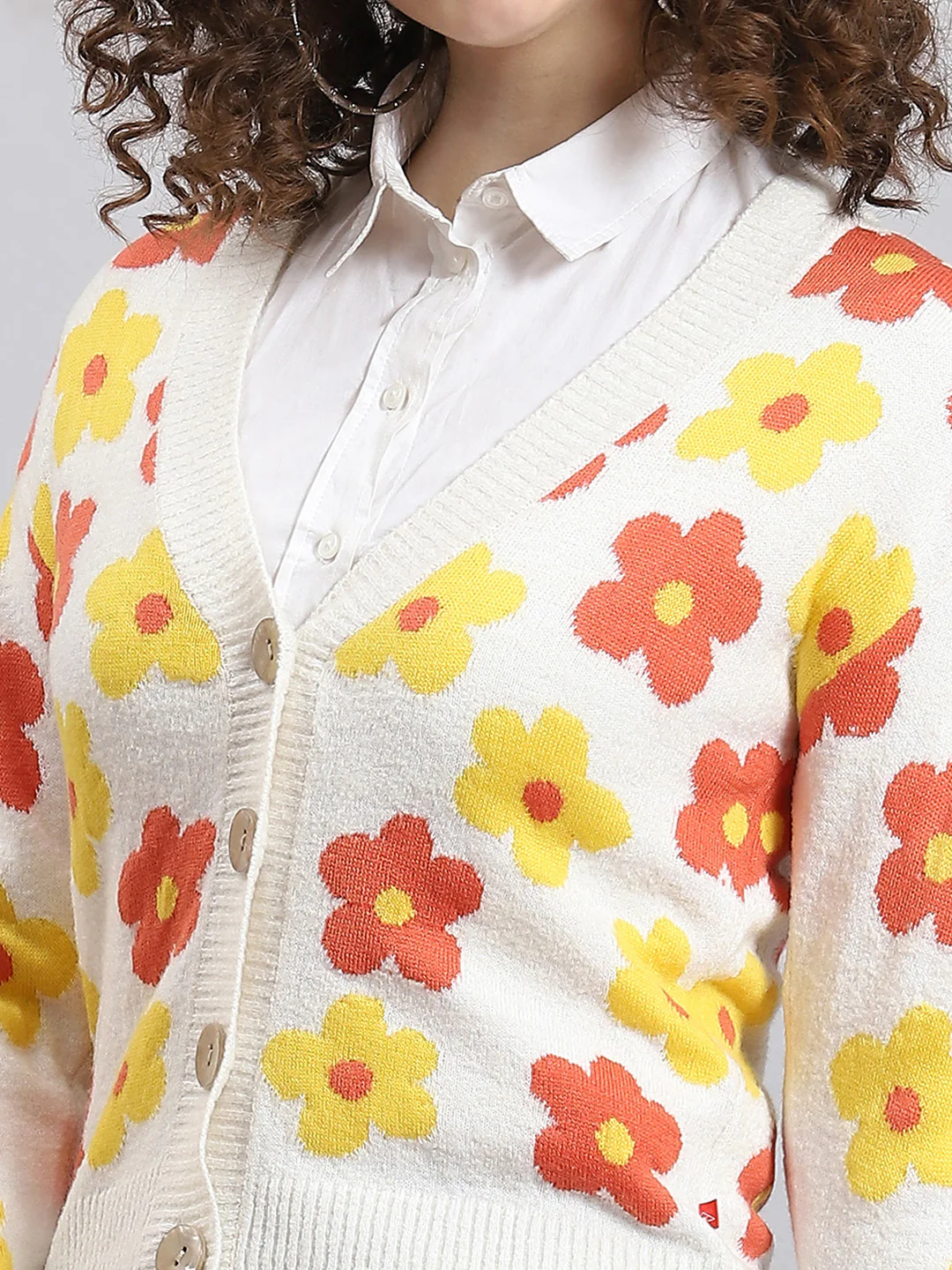 Women Off White Self Design V Neck Full Sleeve Cardigan - Image 6