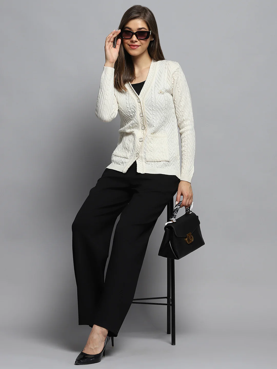 Women Off White Self Design V Neck Full Sleeve Cardigan - Image 2