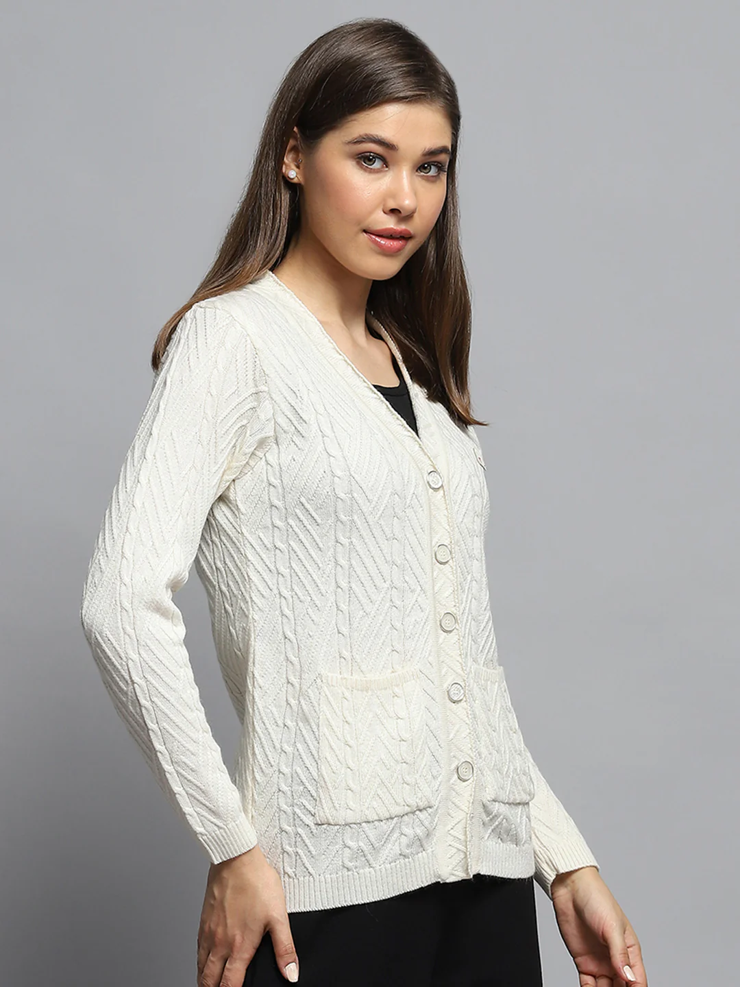 Women Off White Self Design V Neck Full Sleeve Cardigan - Image 4