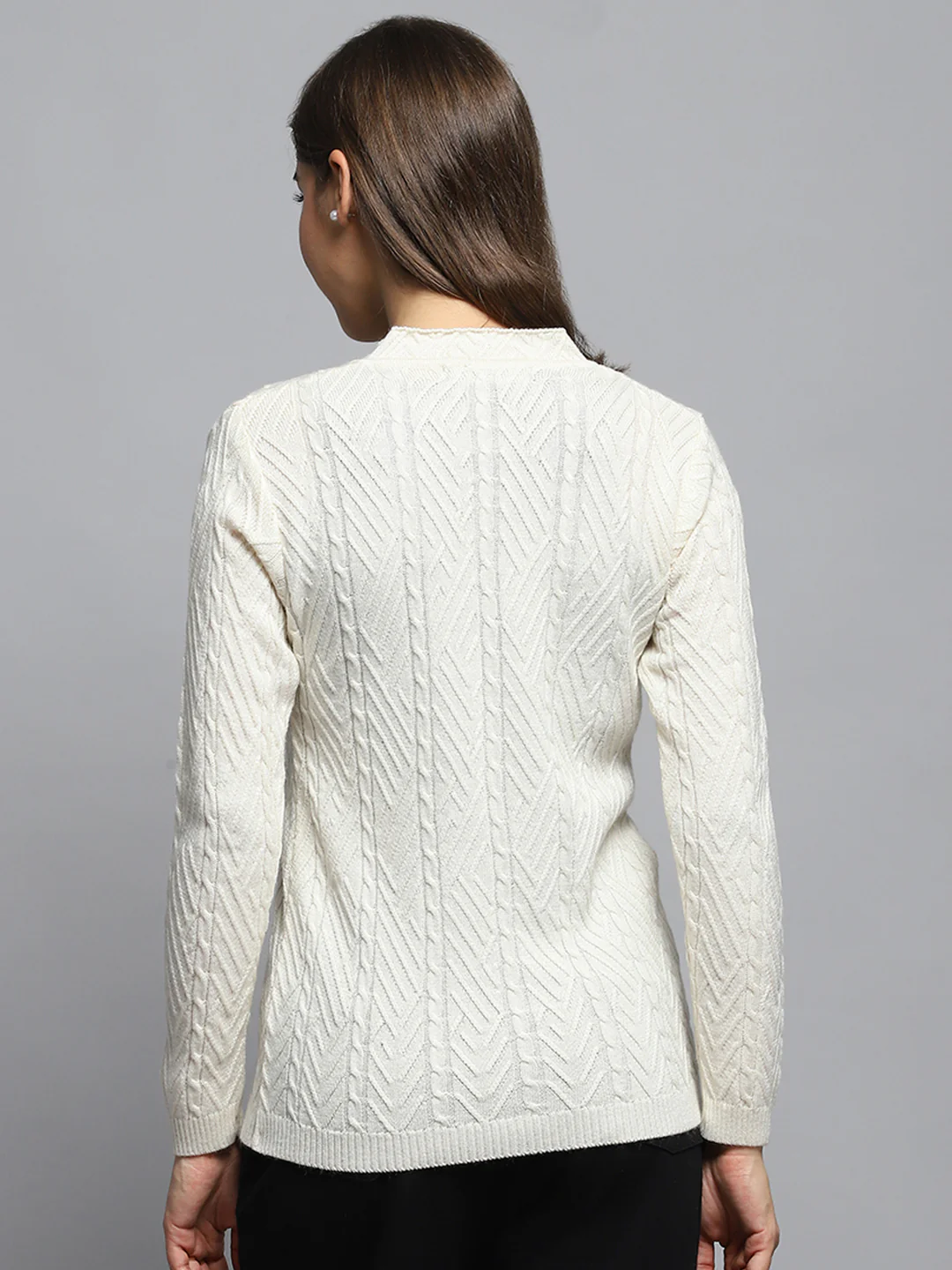 Women Off White Self Design V Neck Full Sleeve Cardigan - Image 5