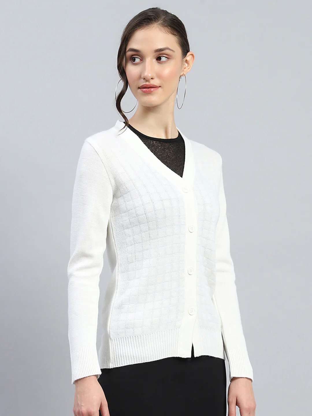 Women Off White Self Design V Neck Full Sleeve Cardigan - Image 4