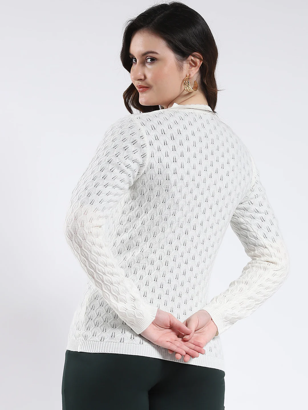 Women Off White Self Design V Neck Full Sleeve Cardigan - Image 5