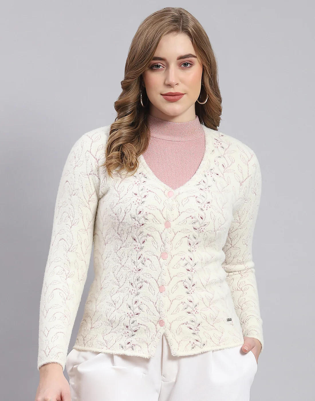Women Off White Self Design V Neck Full Sleeve Sweater - Image 2
