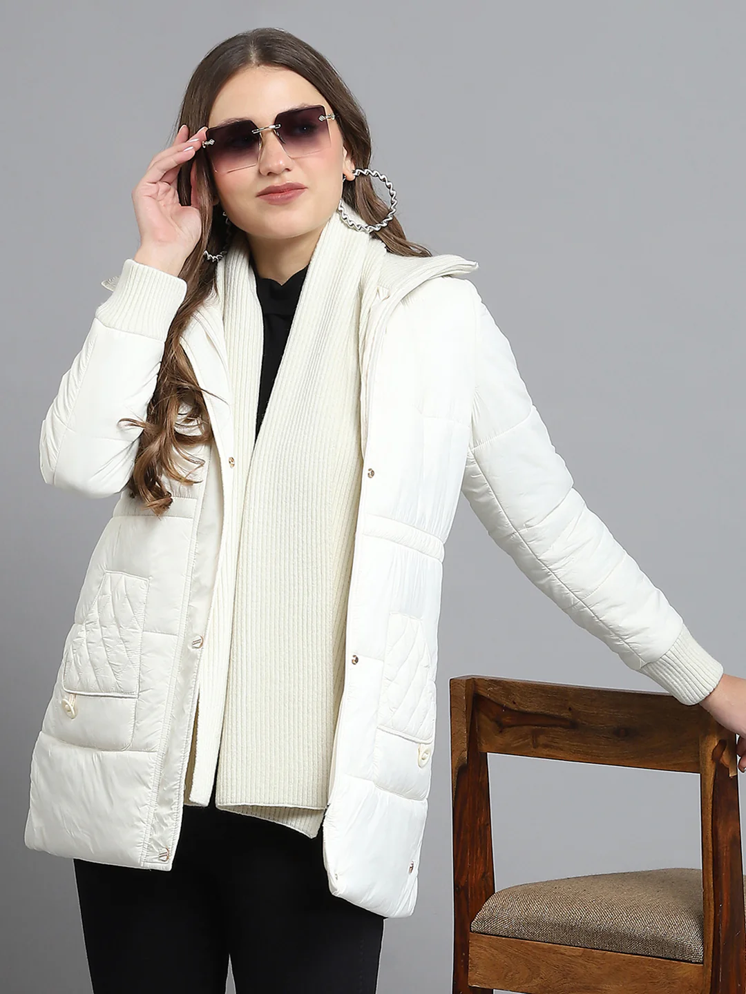 Women Off White Solid Collar Full Sleeve Jacket - Image 6