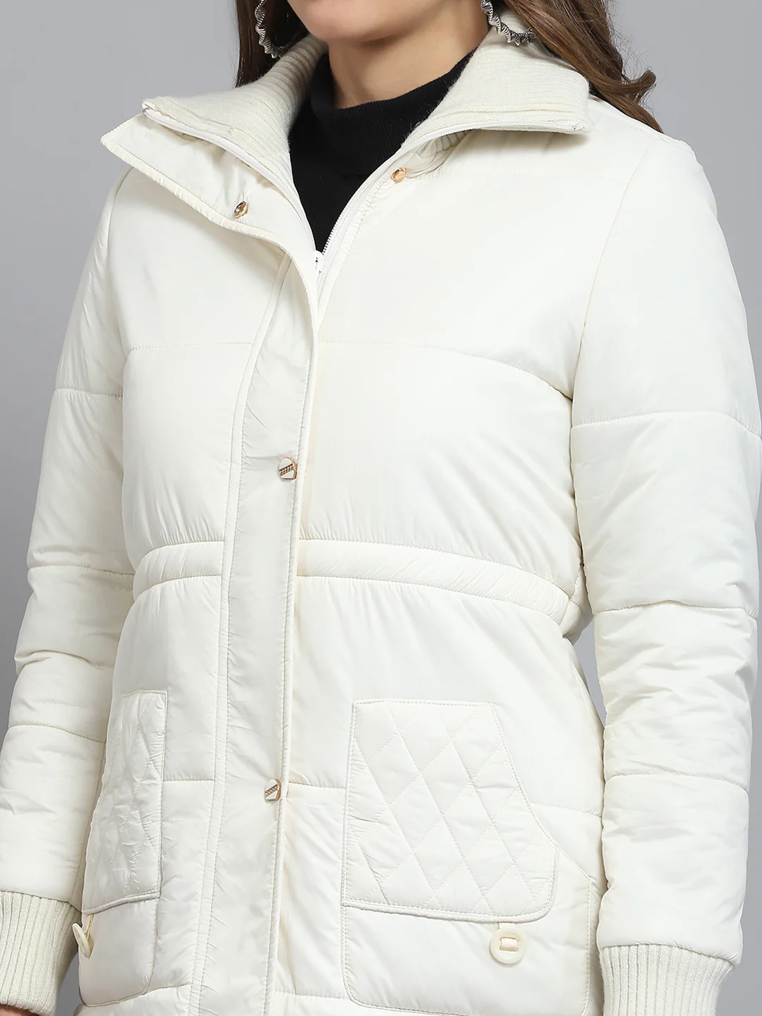 Women Off White Solid Collar Full Sleeve Jacket - Image 8