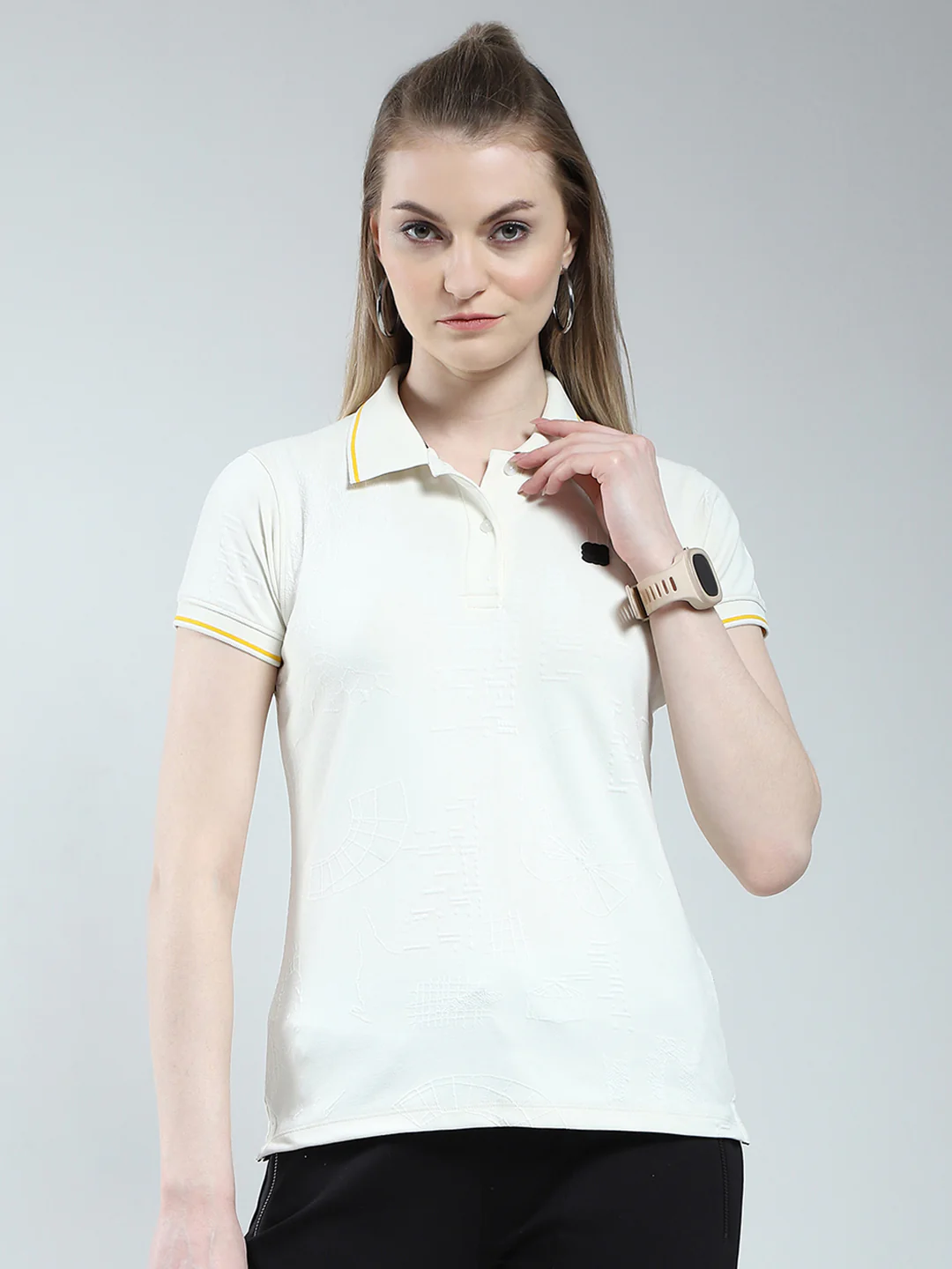 Rock.it Women Off White Solid Collar Half Sleeve T-Shirt