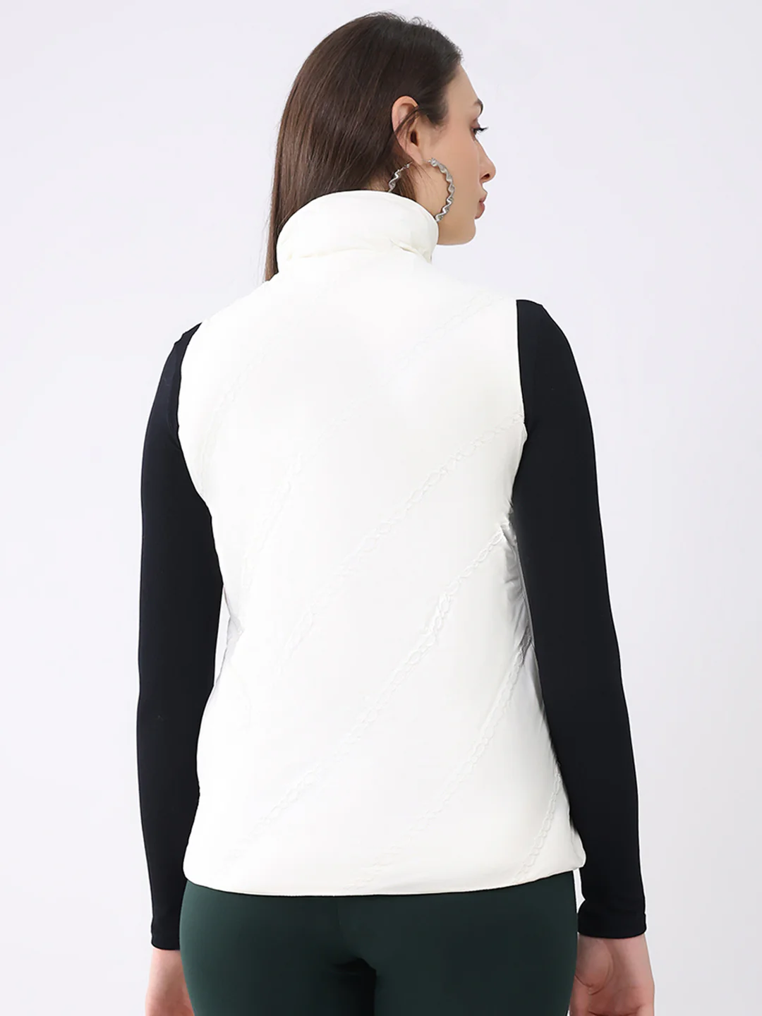 Women Off White Solid Collar Sleeveless Jacket - Image 5
