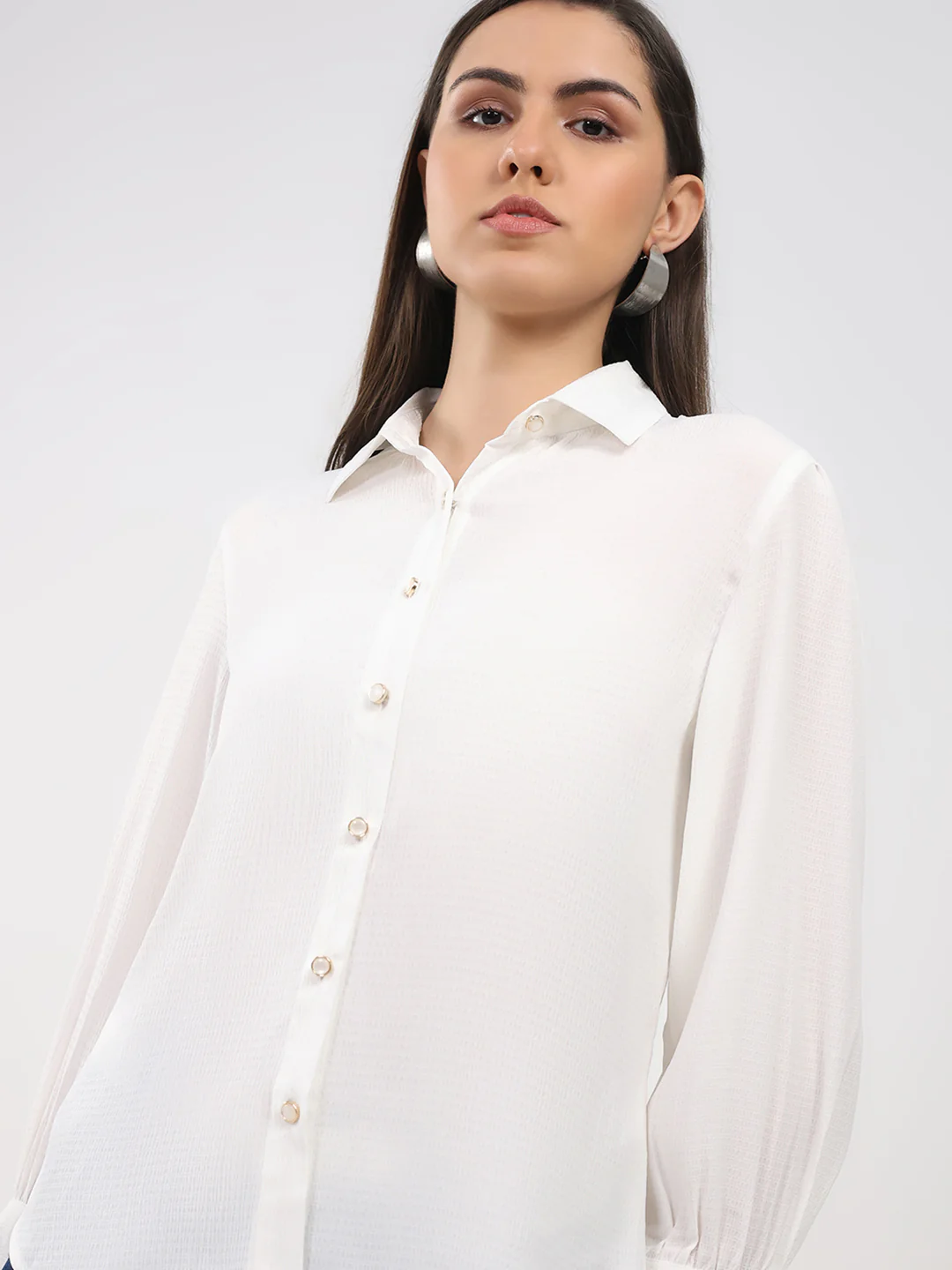 Women Off White Solid Front Open Full Sleeve Winter Top - Image 6