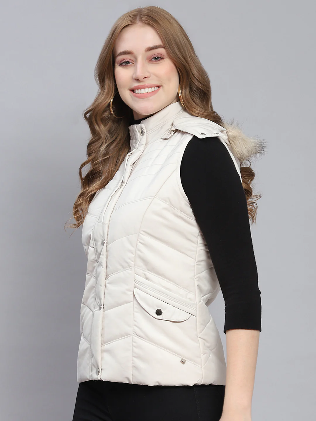 Women Off White Solid Hooded Sleeveless Jackets - Image 3