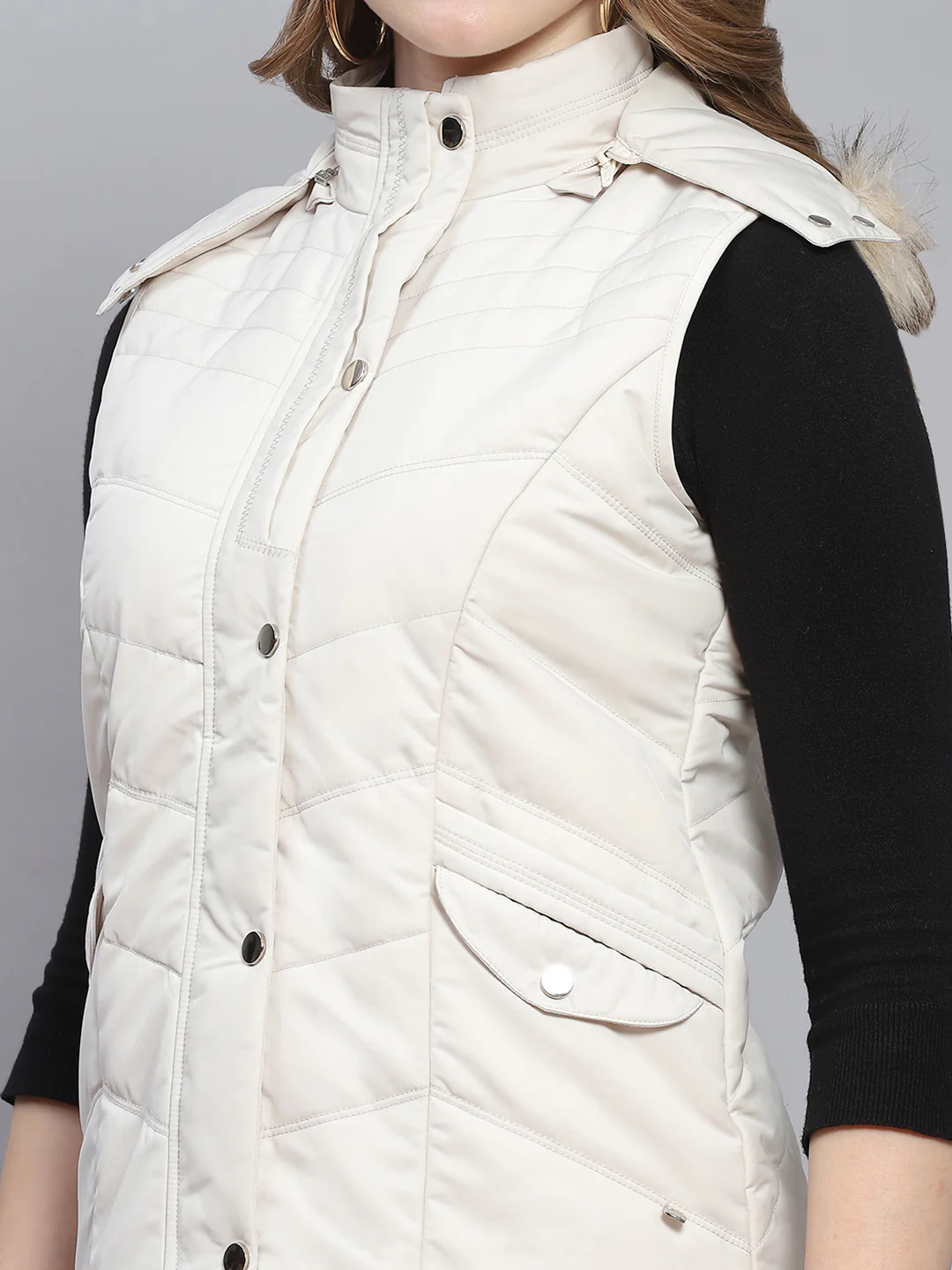 Women Off White Solid Hooded Sleeveless Jackets - Image 7