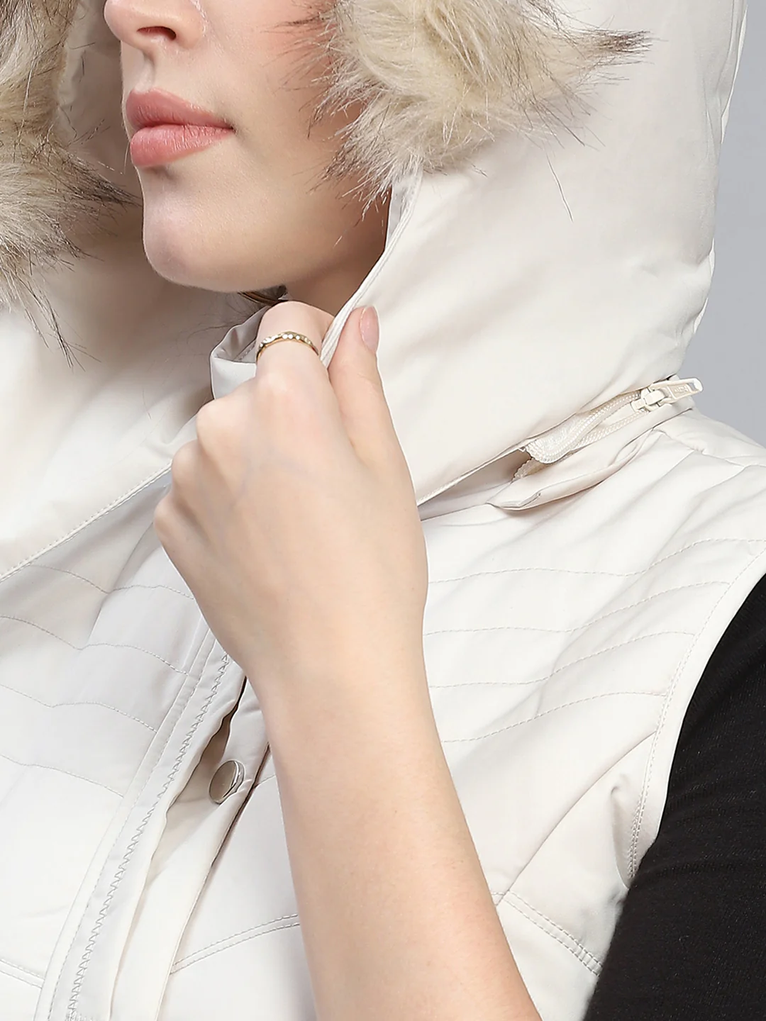 Women Off White Solid Hooded Sleeveless Jackets - Image 8
