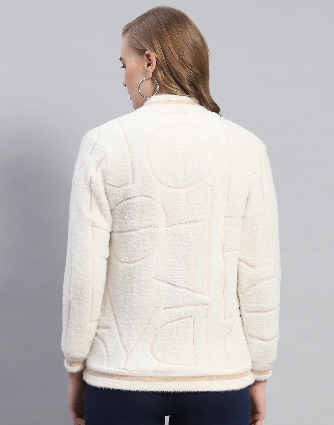 Women Off White Solid Mandarin Collar Full Sleeve Sweatshirt - Image 5