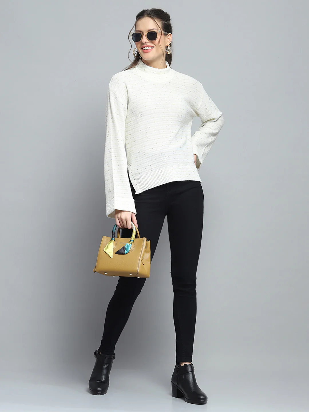 Women Off White Solid Mock Neck Full Sleeve Winte Top - Image 2