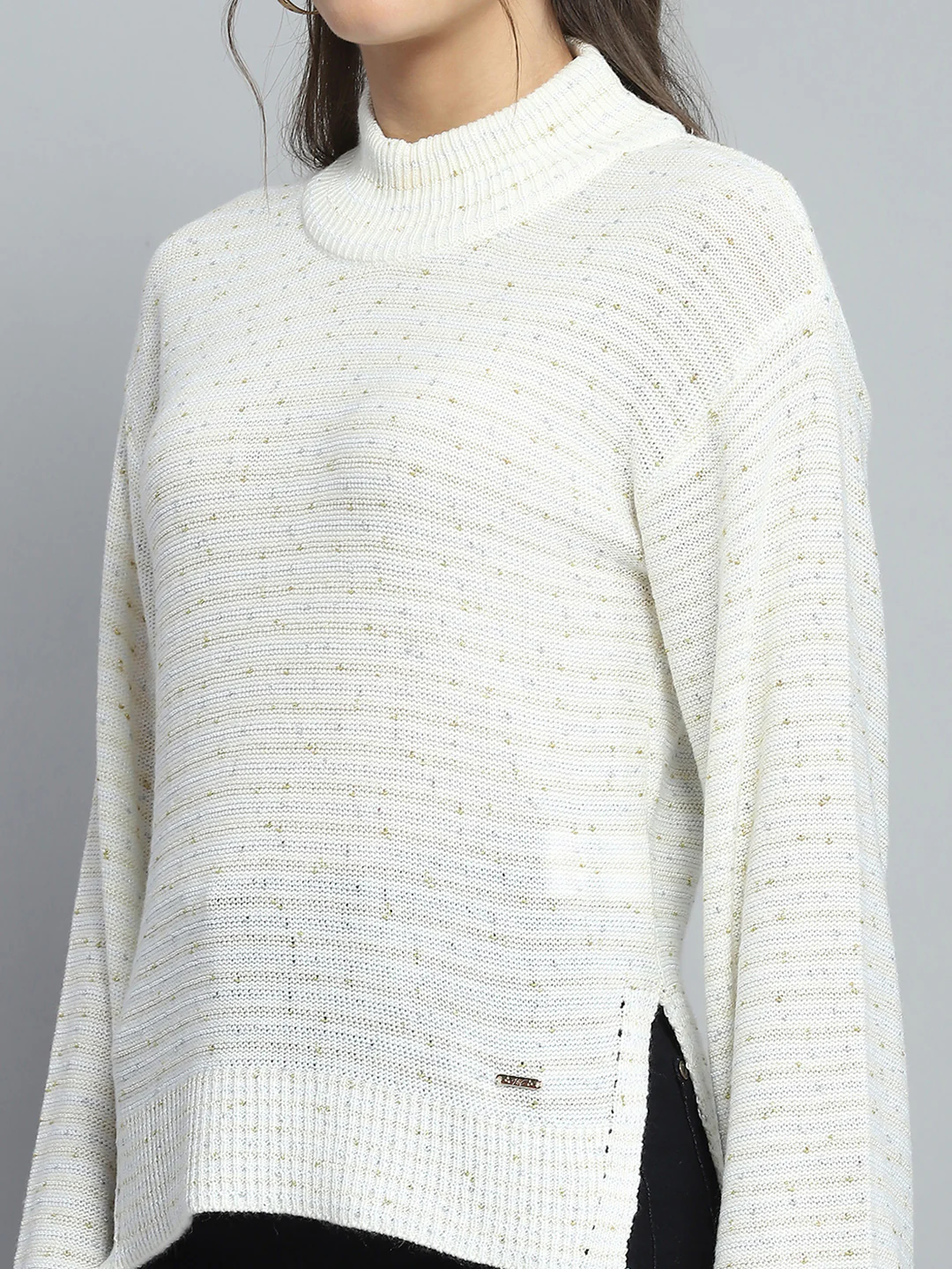 Women Off White Solid Mock Neck Full Sleeve Winte Top - Image 6