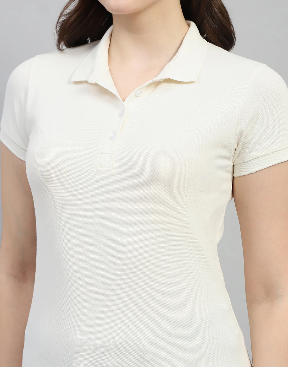 Women Off White Solid Polo Collar Half Sleeve T Shirt - Image 6