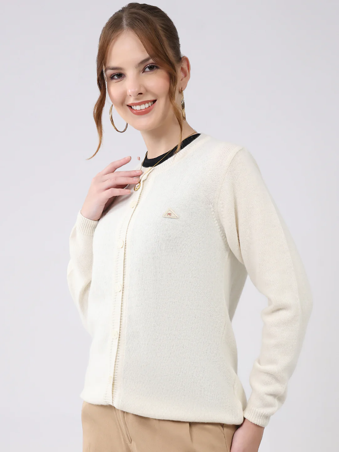 Women Off White Solid Round Neck Full Sleeve Cardigan - Image 3