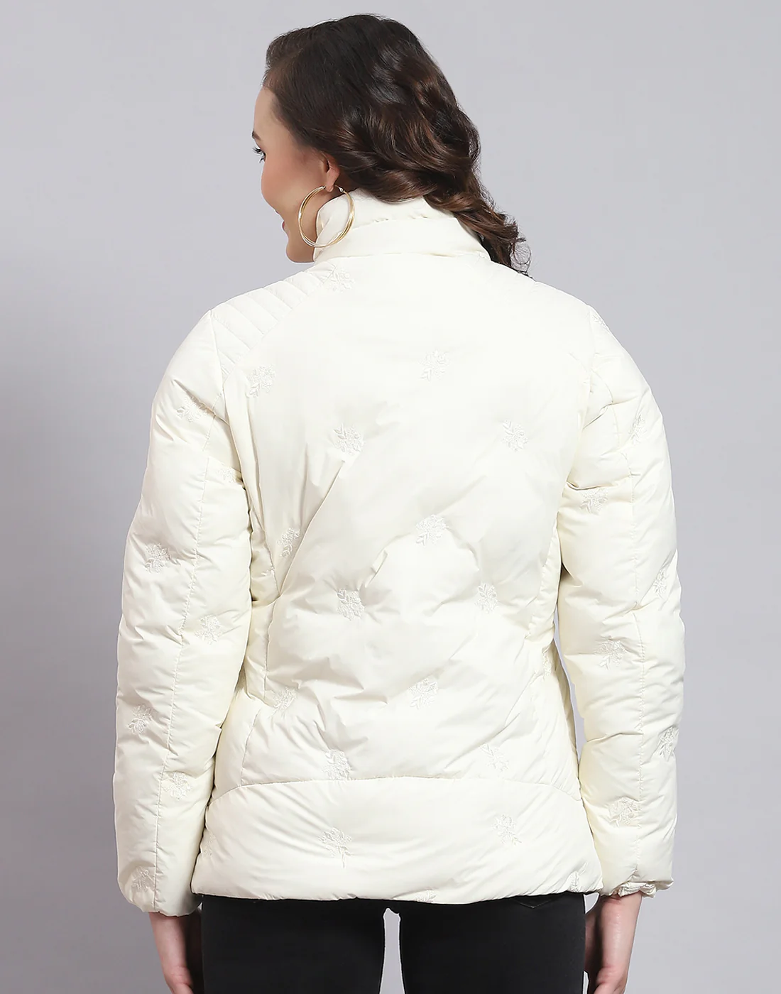 Women Off White Solid Stand Collar Full Sleeve Jacket - Image 6